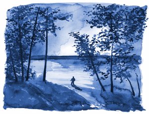 Blå skog, sjö, ensamhet