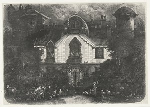 Hus med torn bakom ett staket och herdinna med boskap La maison enchantee av Rodolphe Bresdin