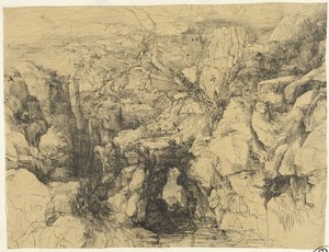 Landskap med klippor och stenbro över bergsbäck av Rodolphe Bresdin