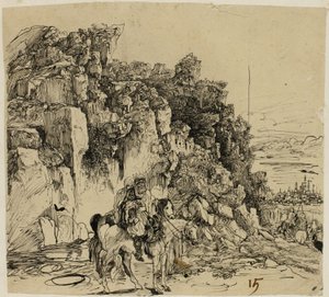 Bergigt landskap med ryttare av Rodolphe Bresdin