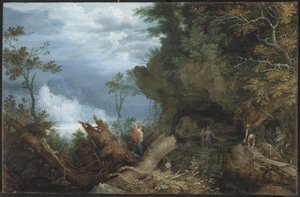 Bergigt landskap med ingång till en gruva, ca 1612-13 (olja på bokpanel) av Roelandt Jacobsz. Savery