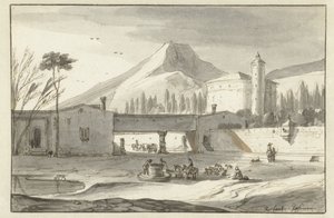 Bergigt, italienskt landskap med en rotundakyrka av Roelant Roghman