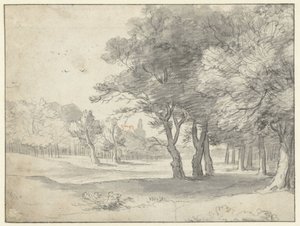 Utsikt i Haagse Bos, med Grote Kerk, Haag, på avstånd av Roelant Roghman