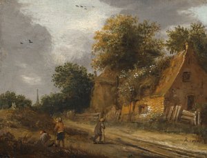 Tre figurer som passerar längs en väg före en stuga av Roelof Jansz van Vries