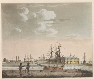 Rijkswerf Willemsoord, ca 1825 Utsikt över Willemsoord på det klara - nära Nieuwendiep, och ingången till den stora Noord-Hollandsch-kanalen / Vue de Willemsoord au clear prês du Nieuwendiep, et L