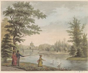 Trädgård vid Huis ten Bosch, ca 1825 Utsikt över den schweiziska bron och Vijver, nära huset i Bosch i s