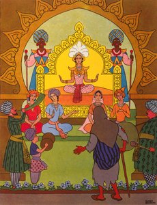 Pari Banou sitter på en gyllene tron, illustration till "Prinsen Ahmed och fen Pari Banou", ur "Tusen och en natt
