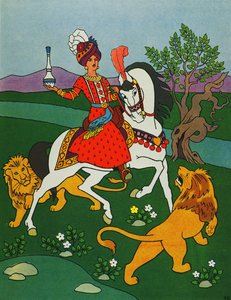 Prinsen rider med två lejon, illustration till "Prinsen Ahmed och fen Pari Banou", ur "Tusen och en natt