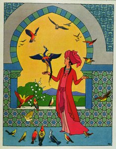 Prinsessan som konsulterar fågeln Bulbulhezar, illustration till "De två svartsjuka systrarna", ur "Tusen och en natt