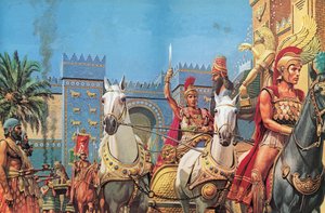 Alexander den store, buren i sin vagn, rider i triumf in i Babylon (färglitografi)