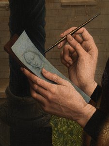 Detalj av Saint Luke som ritar Jungfruns porträtt (olja på panel)
