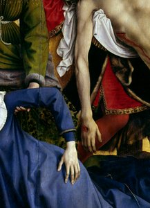 Avsättning eller nedstigning av korset. Detalj av den försvunna jungfruns hand och Kristi hand. Rogier altartavla (Roger) Van Der Weyden (1400-1464) 1435 Dim. 2,20 x 0,35 m Madrid, Pradomuseet
