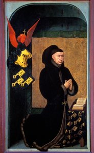 Porträtt av Nicolas Rolin (1376-1461) Burgundskansler under Philippe Le Bon och grundare av Hospices de Beaune 1443 Målning av Rogier (Roger) Van Der Weyden (1400-1464) 1400-talets Beaune, museum Hotel Dieu - Porträtt av Nicolas Rolin (1376-1