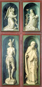 Bebådelsen, den helige Sebastian, den helige Antonius den store och de två donatorerna, paneler från baksidan av den sista domen, c.1445-50 (olja på panel) av Rogier van der Weyden
