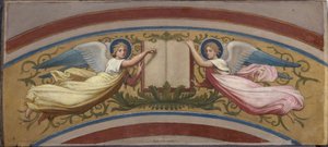 Skiss till kyrkan Saint-François-Xavier: Evangelieboken med stöd av två änglar, mellan 1874 och 1876 (olja på gouache, akvarell, papper) av Romain Cazes