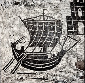 Ett fartyg i hamnen i Ostia (mosaik av Roman
