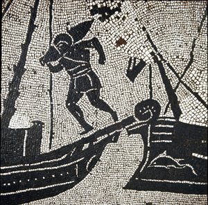 Ett fartyg från Cagliari återvänder till hamnen i Ostia (mosaik av Roman