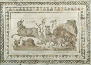 En tiger som attackerar två onagrar, från Dionysosprocessionens hus, El-Jem (Thysdrus) (mosaik) av Roman