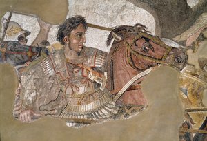 Alexander den store (356 - 323 f.Kr.) på sin häst Bucephale. Mosaik från Faunens hus, Pompeji av Roman