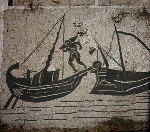 Forntida Ostia (Ostia). Place des Corporations. Mosaik av Sabratha Seafarers Corporation. Lasta gods på ett fartyg. av Roman