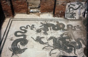 Forntida Ostia (Ostia). Place des Corporations. Mosaik av Sabratha Seafarers Corporation. Neptunus bad. av Roman