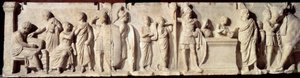 Antikens Rom: relief känd som Domitius Ahenobarbus, avsnitt av en folkräkning: registrering av medborgare och offer till guden Mars. Omkring 100 f.Kr. Sön 2 m. Paris, Louvren av Roman