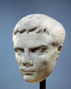 Det antika Roms konst: Augustus ansikte (Octavianus eller Octavianus, 63 f.Kr.-14 e.Kr.. Den första romerske kejsaren. Skulptur som hittades i Cos, mellan 27 och 20 f.Kr.). Paris, Louvren av Roman