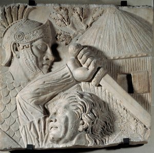 Det antika Roms konst: barbar som slåss mot en romersk legionär. Lågrelief, början av 200-talet efter JC. Rom, Trajanus forum. Sol: 0,84x0,88m. Paris, Louvren av Roman