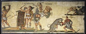Strid mellan gladiatorer och vildkatter, 320 AD (mosaik) av Roman