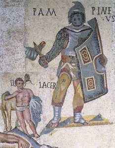 Battle between Gladiators, detalj av en gladiator beväpnad med en dolk och en sköld, 320 AD (mosaik) av Roman