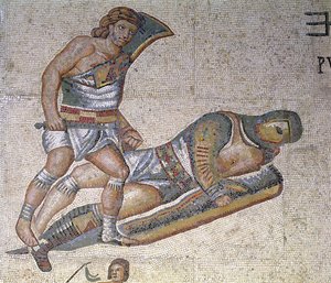 Battle between Gladiators, detalj av en gladiator som fäster en annan till marken, 320 AD (mosaik) av Roman