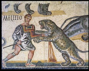 Slaget mellan gladiatorer mot vildkattarna, detalj som visar en gladiator som springer genom en vildkatt, 320 AD (mosaik) av Roman