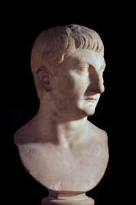 Byst av Drusus den unge (död 23 e.Kr.), son till den romerske kejsaren Tibere (Tiberio Claudio Nerone, 42 f.Kr.-37 e.Kr.). Marmor skulptur. 1:a århundradet e.Kr. Paris, Louvren av Roman