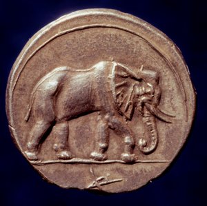 Karthagisk civilisation: medalj som representerar en elefant som tillät den karthagiske generalen Hannibal (247-183 f.Kr.) att korsa Alperna 218 f.Kr. under det andra puniska kriget. 3:e århundradet f.Kr. Paris, B.N. av Roman