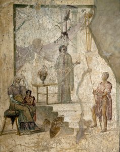 Cassandra profeterar om Trojas fall, hennes far Priamos, som sitter till vänster, hennes bror Paris, som håller i discordens äpple och en krigare lutar sitt spjut (förmodligen Hector) - Fresco av Roman