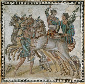 Vagn (quadriga) race med vagnförarna i startposition och en brudgum nära den vita hästen (i förgrunden) - Mosaik, 300-talet av Roman