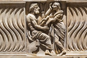 Dekoration på en sarkofag, bild av en filosof och musa (marmor) av Roman