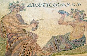 Dionysos som rådgivare till nymfen Akme, Dionysos hus, Paphos, Cypern (mosaik) av Roman