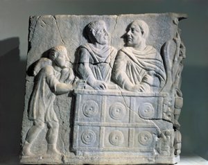 Fragment av sarkofag föreställande pengaväxlare, från Rom, Viale del Re av Roman