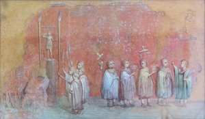 Freskfragment av en kalender som föreställer barn i en procession, möjligen firandet av kejsar Severus födelsedag och som representerar april månad, tredje århundradet e.Kr. (fresk) av Roman