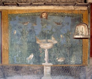 Fresk med fontän, mask och fåglar, House of Venus in Shell, Pompeii (Unescos världsarvslista av Roman