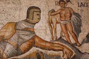 Gladiatorstrider. 320-330, mosaik av Roman
