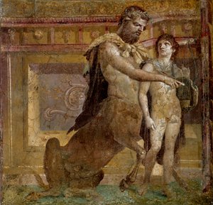 Grekisk mytologi: kentauren Chiron och Achilles-barnet. Fresk från basilikan Herculanum (Basilica di Ercolano). Romersk konst Neapel, Museo Archeologico Nazionale - Grekisk mytologi: kentauren Chiron och Achilles-barnet eller Achilles utbildning av C av Roman