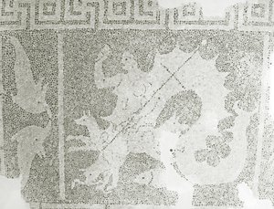Hellenistisk stenmosaik av Scylla och Charybdis som vaktar sundet, detalj av Scylla. Dionysos hus, Paphos, Cypern mosaik av Roman