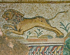 Jaktscen, detalj av ett lejon, Dionysos hus, Paphos, Cypern mosaik av Roman