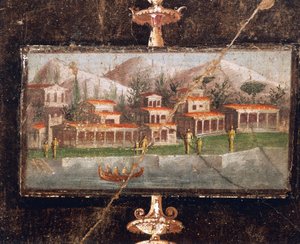 Landskap och arkitektur i väggmålning i tablinum, House of Marco Lucrezio Frontone, Pompei, Campania, romersk civilisation av Roman