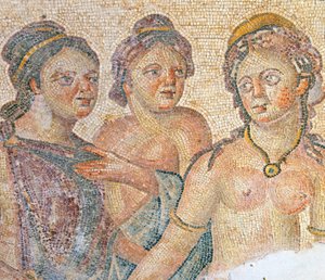 Leda och hennes tjänsteflickor, detalj från mosaiken Leda och Zeus, Aions hus, Paphos, Cypern (mosaik) av Roman