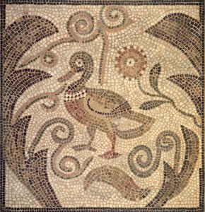 Mosaik av en anka som vetter åt vänster i vinstockar (sten och murbruk) av Roman