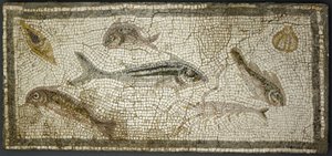 Mosaikpanel som visar fiskar, förmodligen 300-talet e.Kr. av Roman