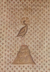 Mosaikbeläggning, detalj av centralt motiv föreställande en Fenix på en bädd av rosenknoppar, från gården till en villa i Daphne, Antiokia, Romerska, sent 500-tal f.Kr. marmor- och kalkstensmosaikdetalj av 1 av Roman